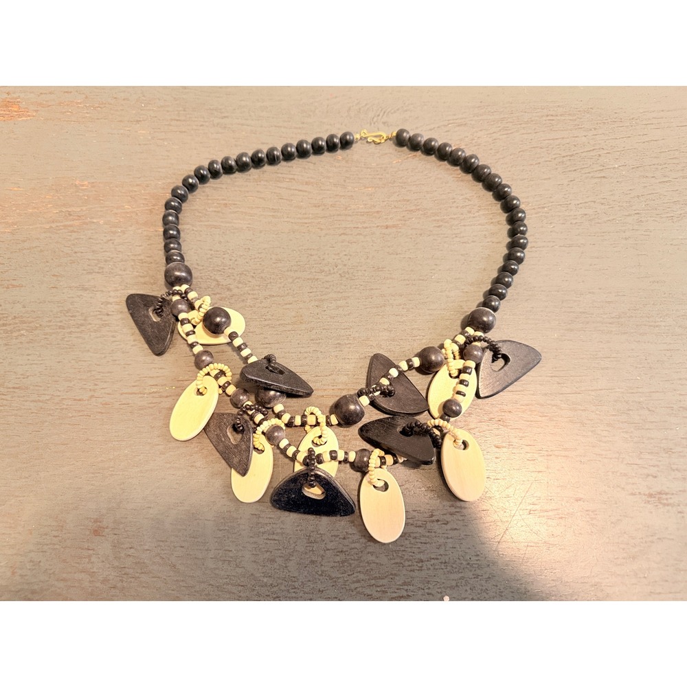Vintage Wood Bead Statement Bib Necklace Black Cream Geometric Boho Artsy 22in